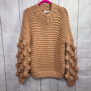 Goodnight Macaroon Tan Chunky Knit Pom Sleeve Sweater Cozy Oversized Boho